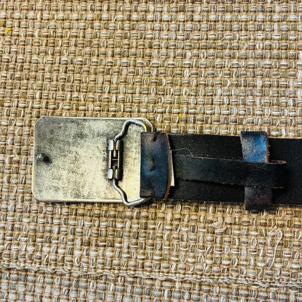 Y2K Aldo Leather Belt Mens Medium Brown Distressed Plaque Buckle